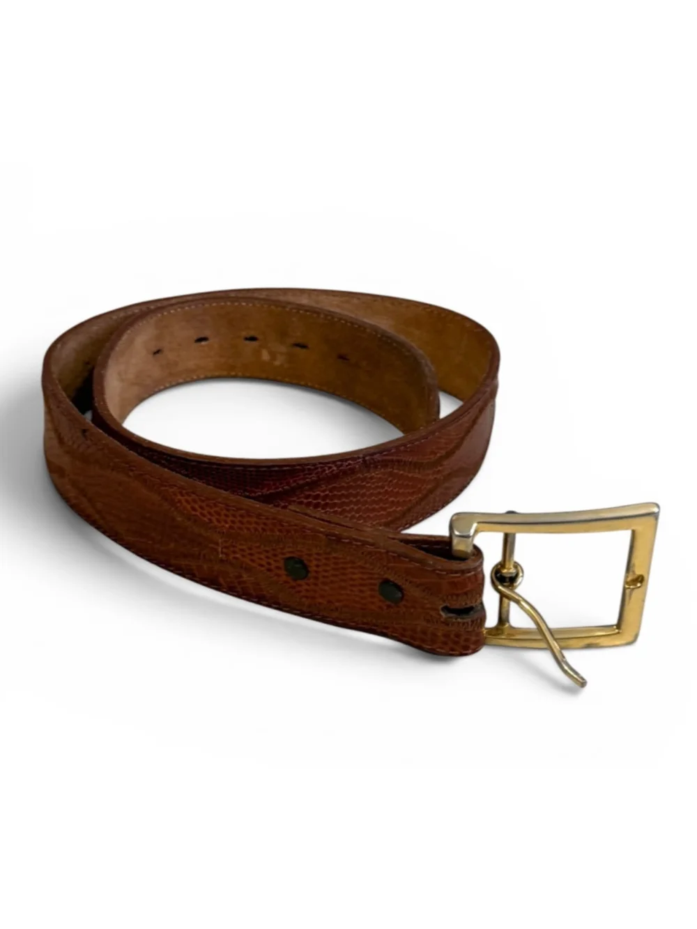 Vintage 80s Nocona Genuine Lizard Leather Belt Brown Gold Buckle Men’s Size 34